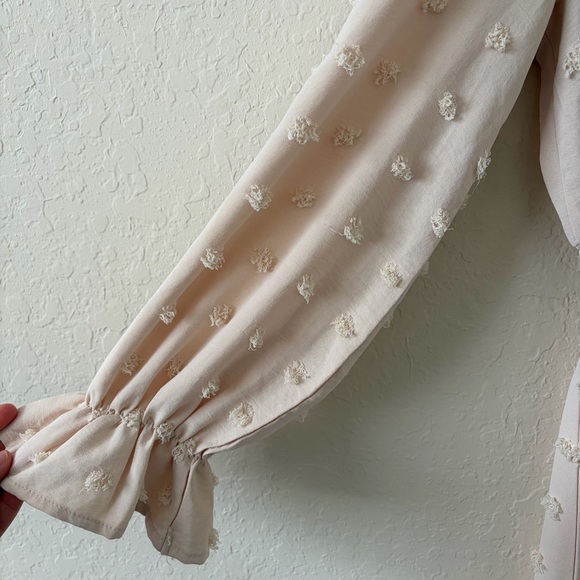 Light Khaki Swiss Dot Maxi Dress Smocked Waist - Picture 4 of 12